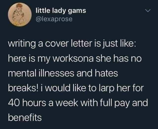 The meme is a humorous comparison between writing a cover letter and being a slave to a demanding boss. It says: "Writing a cover letter is like being a slave to my boss, except instead of being whipped I get to write my own thoughts in a document and then submit it to be judged by my boss, who will probably just yell at me and tell me I'm not good enough."